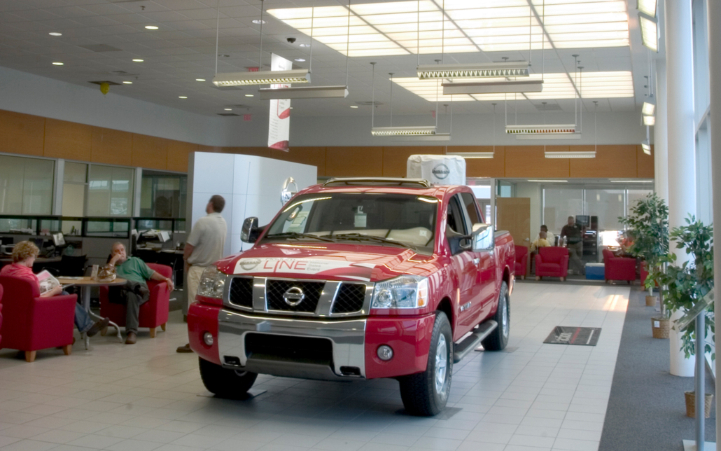 An indoor shot of the Nissan dealership