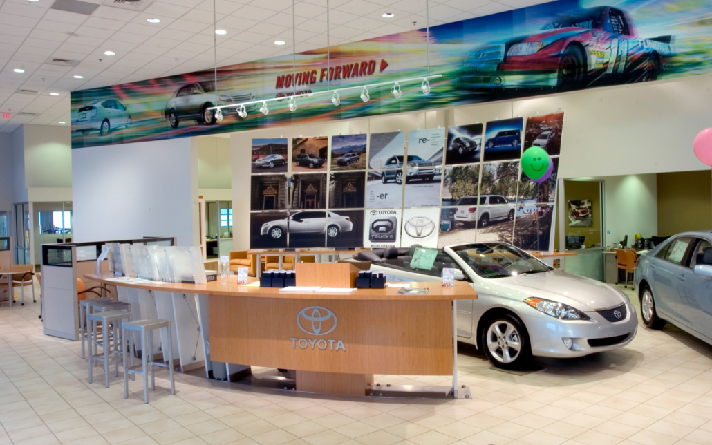 Indoor view of a Toyota dealership front desk
